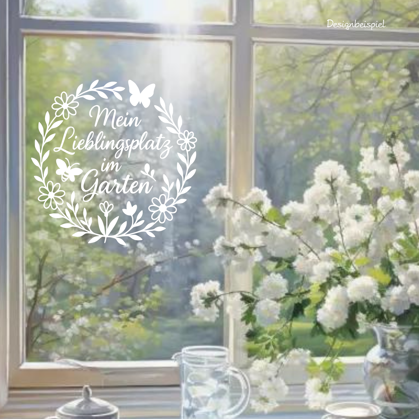 Fensterbild Mein Lieblingsplatz im Garten“ – Vinyl Aufkleber Blumenkranz