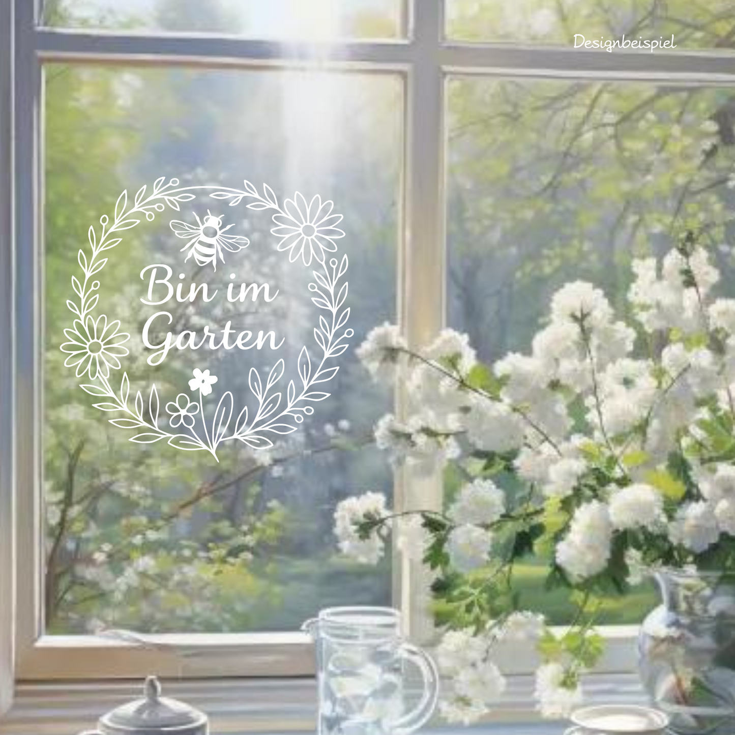 Fensterbild „Bin im Garten Hinweis “ – Vinyl Aufkleber für Fenster, Glas & Spiegel | Handgemachte Fensterdeko in 2 Größen & Farben