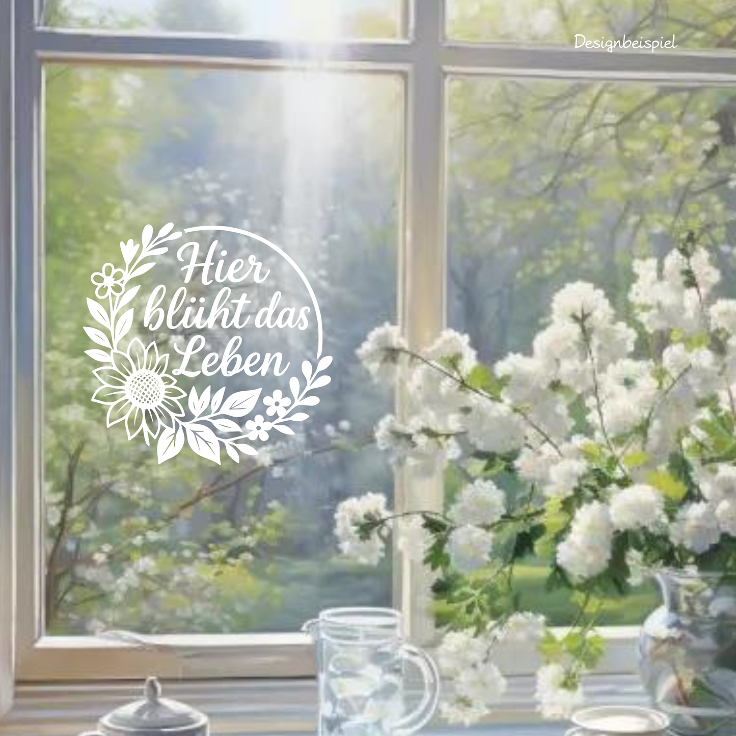 Fensterbild Aufkleber Hier blüht das Leben Blumenkranz