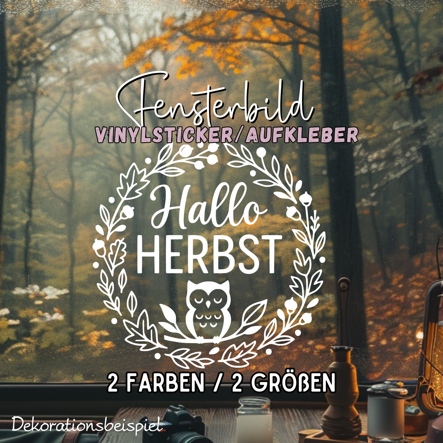 Fensterbild Herbstkranz herbstlicher Aufkleber Vinylaufkleber Hallo Herbst Eule 2
