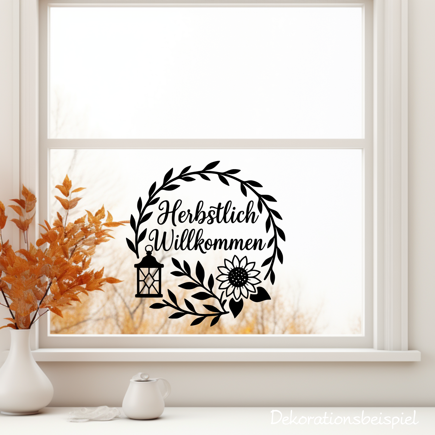 Fensterbild Kranz herbstlich Willkommen , Herbstlicher Aufkleber Sonnenblume