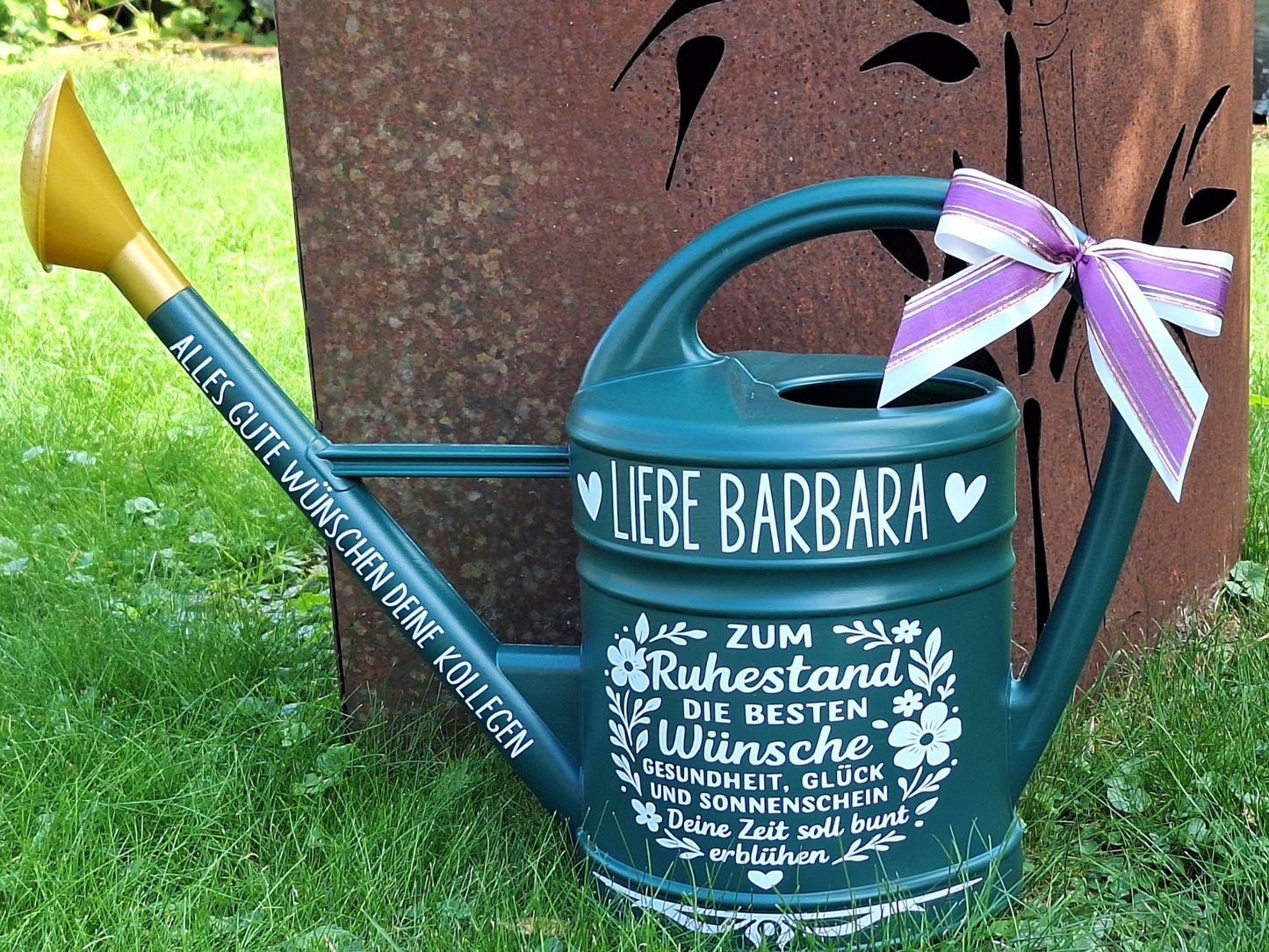 Rente Geschenk zum Ruhestand Garten Gießkanne personalisiert mit Namen und Spruch Landhausstil Grün 10 Liter