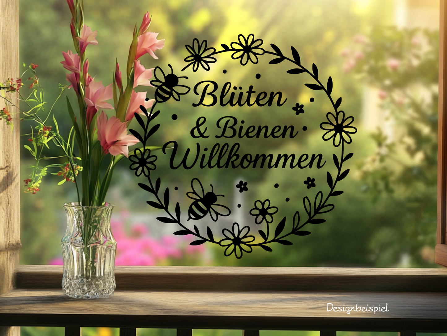 Fensterbild „Bienen & Blumen Willkommen“ – Vinyl Aufkleber für Fenster, Glas & Spiegel | Handgemachte Fensterdeko in 2 Größen & Farben | Frühlings- & Sommerdeko