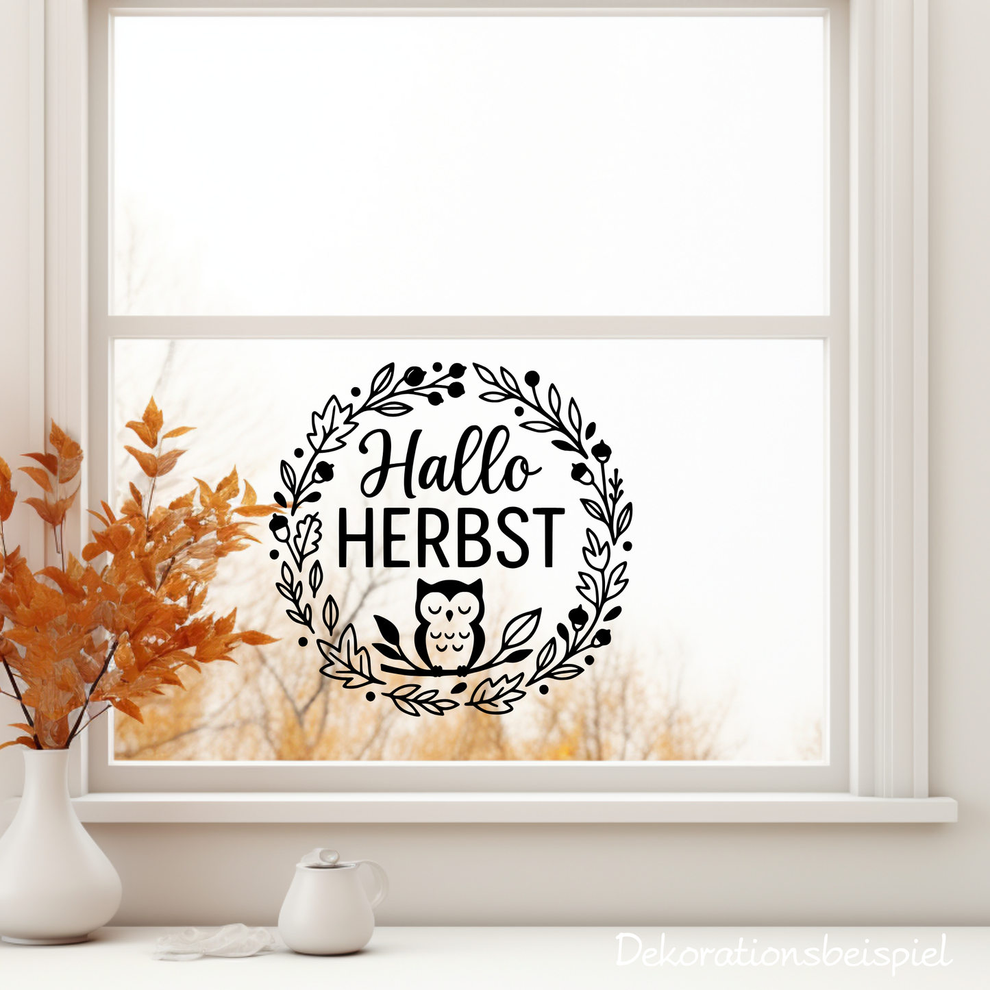 Fensterbild Herbstkranz herbstlicher Aufkleber Vinylaufkleber Hallo Herbst Eule 2