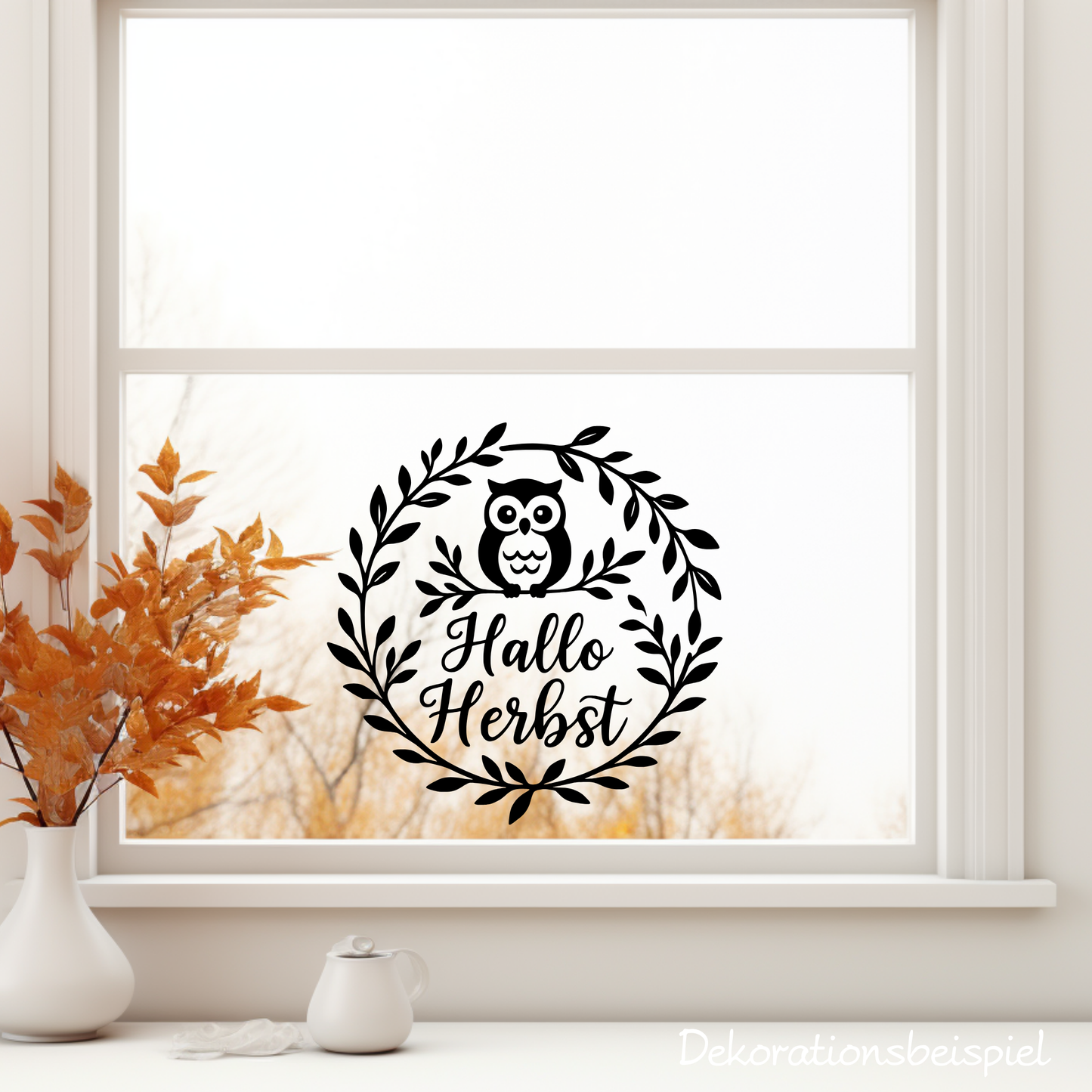 Fensterbild Herbstkranz herbstlicher Aufkleber Vinylaufkleber Hallo Herbst Eule