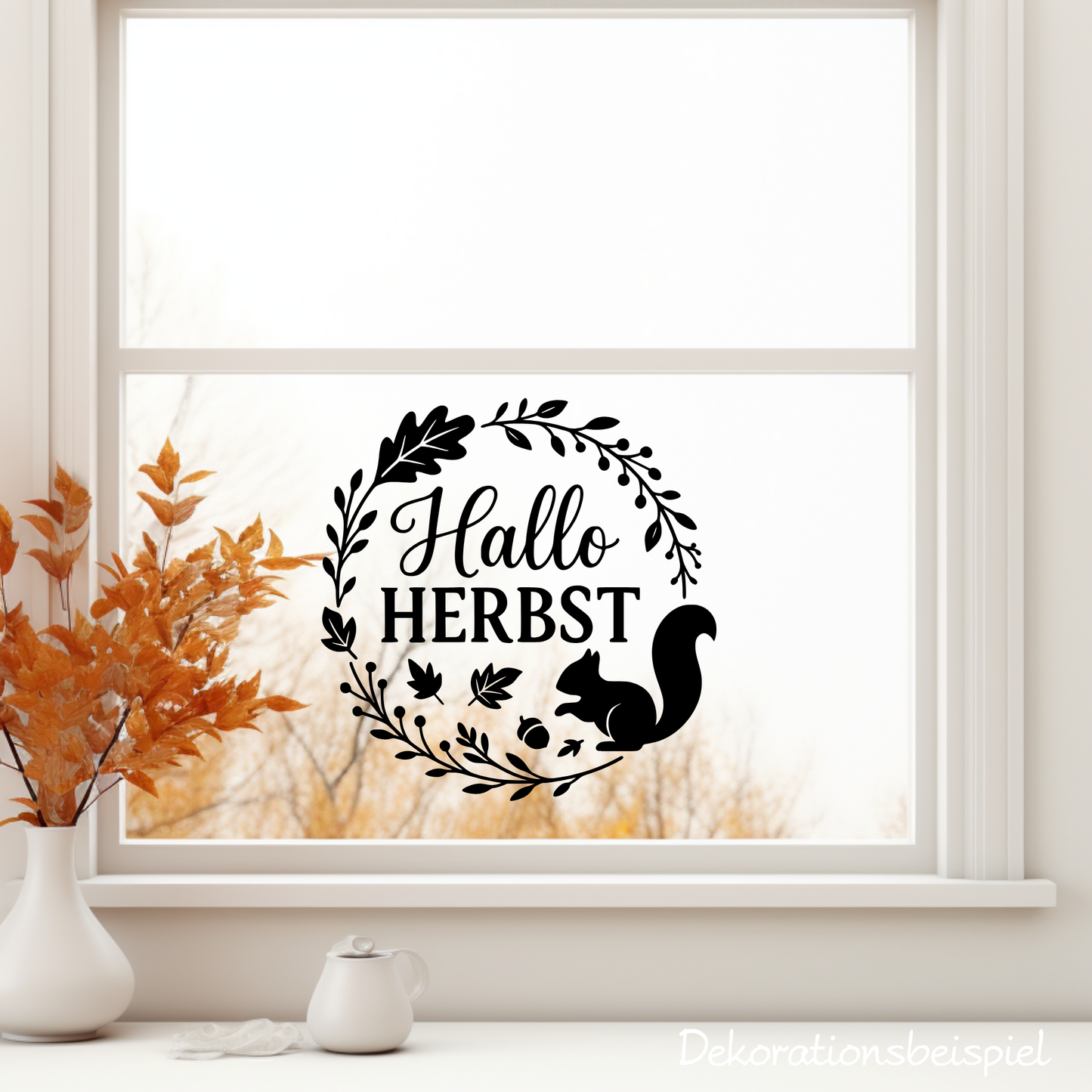 Fensterbild Herbstkranz herbstlicher Aufkleber Vinylaufkleber Hallo Herbst Eichhörnchen