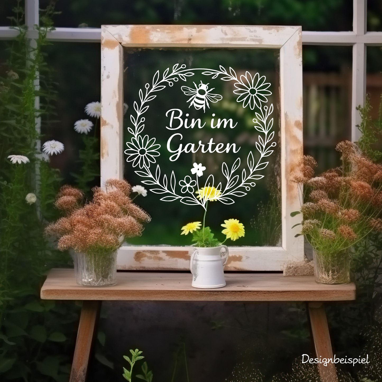 Fensterbild „Bin im Garten Hinweis “ – Vinyl Aufkleber für Fenster, Glas & Spiegel | Handgemachte Fensterdeko in 2 Größen & Farben