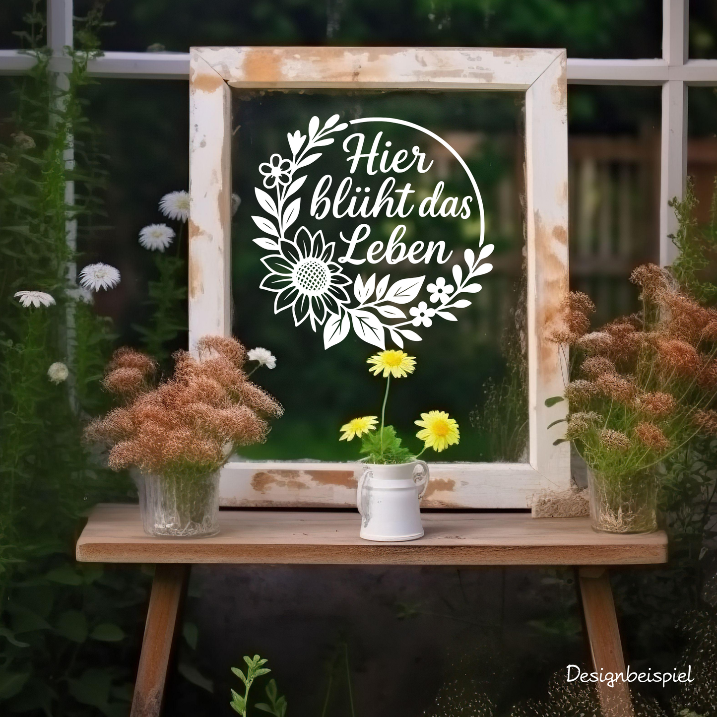 Fensterbild Aufkleber Hier blüht das Leben Blumenkranz