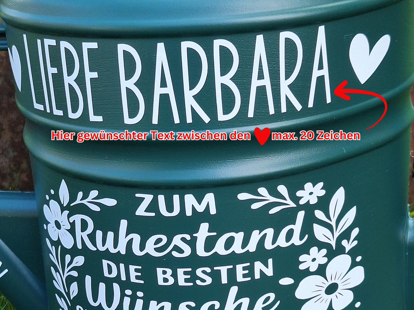 Rente Geschenk zum Ruhestand Garten Gießkanne personalisiert mit Namen und Spruch Landhausstil Grün 10 Liter