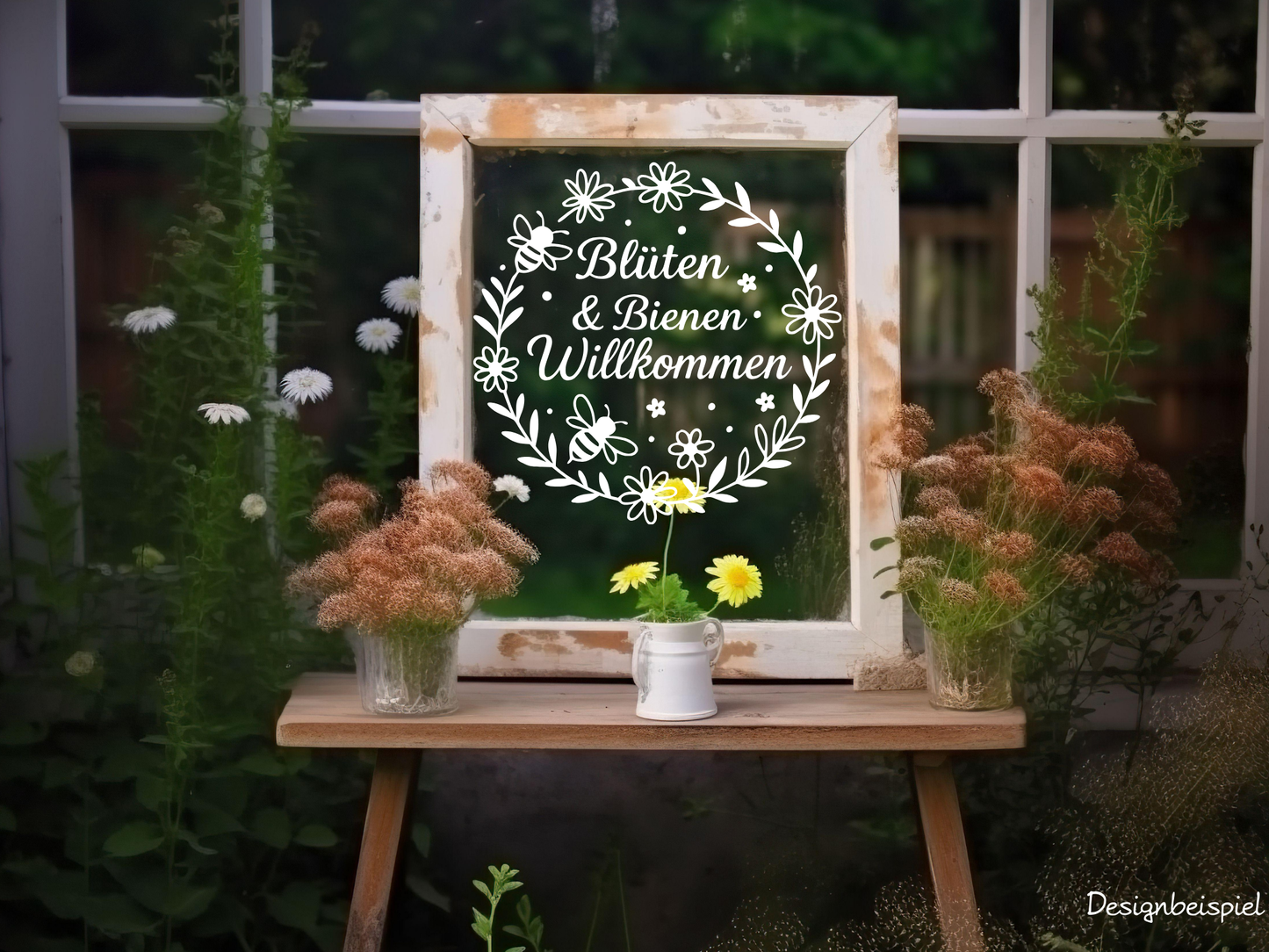 Fensterbild „Bienen & Blumen Willkommen“ – Vinyl Aufkleber für Fenster, Glas & Spiegel | Handgemachte Fensterdeko in 2 Größen & Farben | Frühlings- & Sommerdeko