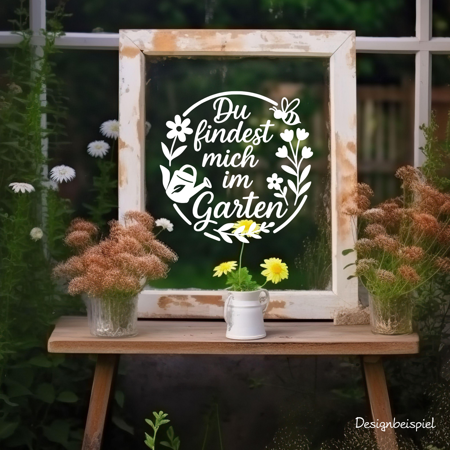 Fensterbild „Du findest mich im Garten“ – Vinyl Aufkleber für Fenster, Glas & Spiegel | Handgemachte Fensterdeko in 2 Größen & Farben | Frühlings- & Sommerdeko