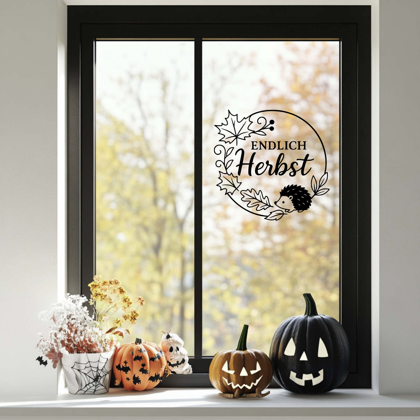 Fensterbild Endlich Herbst mit Igel , Herbstzeit Deko, Herbstlicher Aufkleber, Fensterdekoration, Herbstdekoration