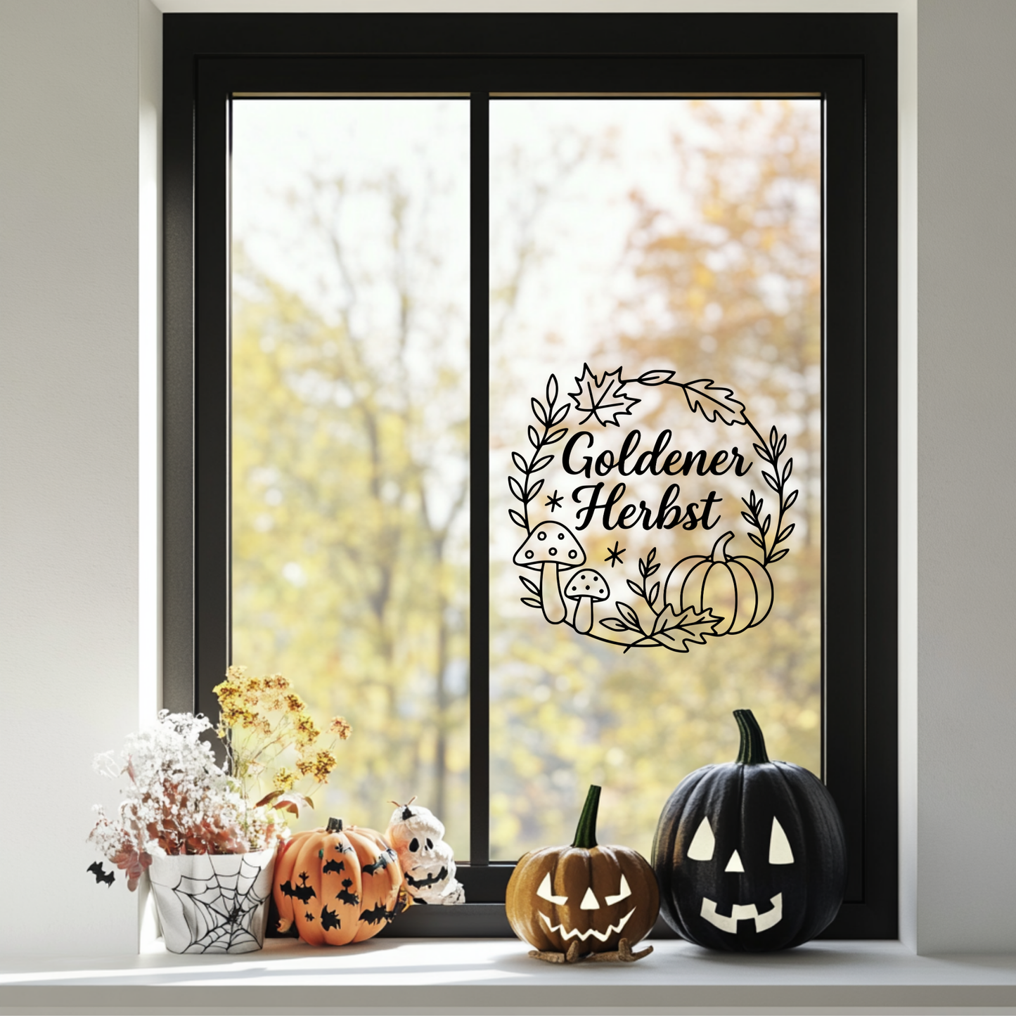 Fensterbild Goldener Herbst Pilze , Kürbis , Herbstlicher Aufkleber