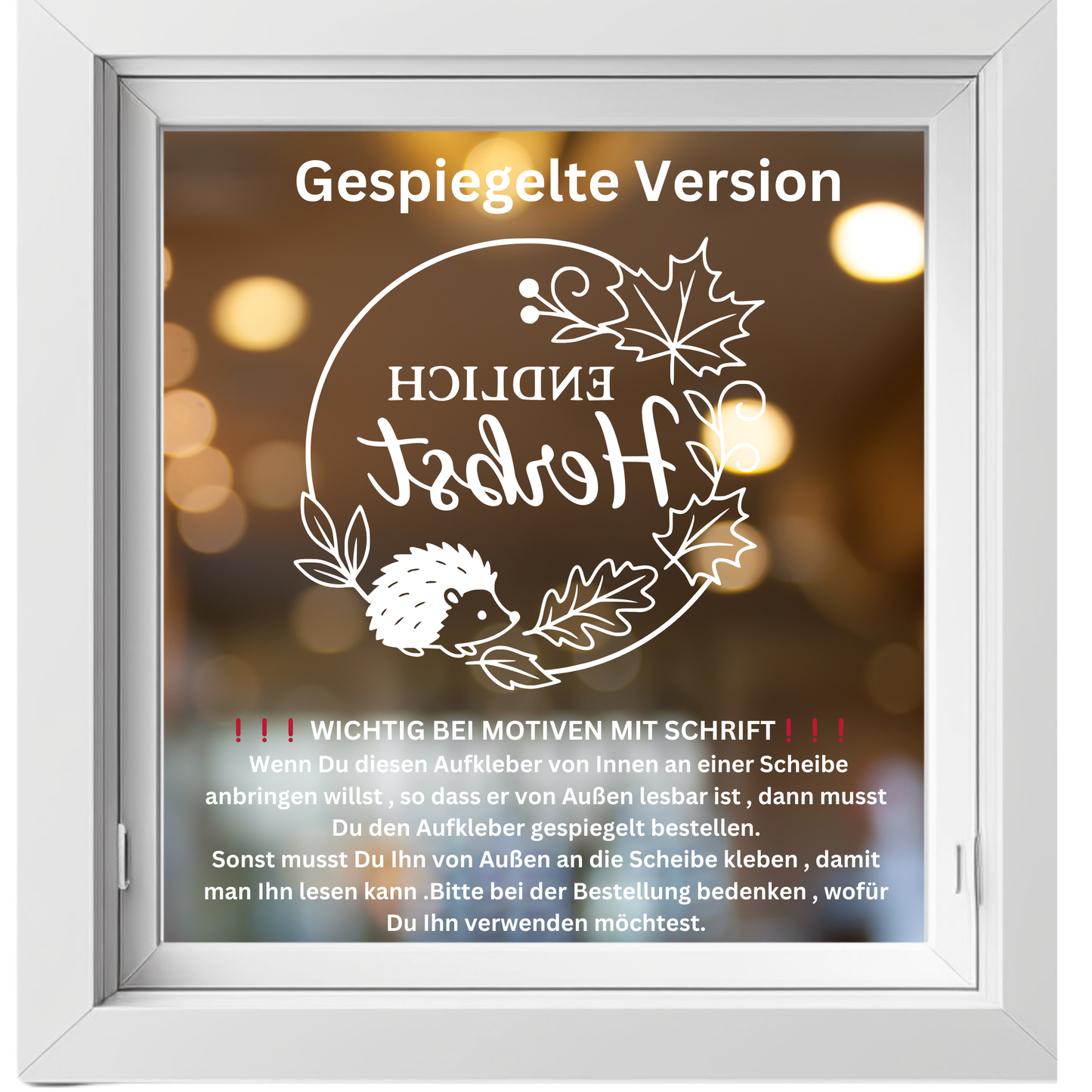 Fensterbild Endlich Herbst mit Igel , Herbstzeit Deko, Herbstlicher Aufkleber, Fensterdekoration, Herbstdekoration