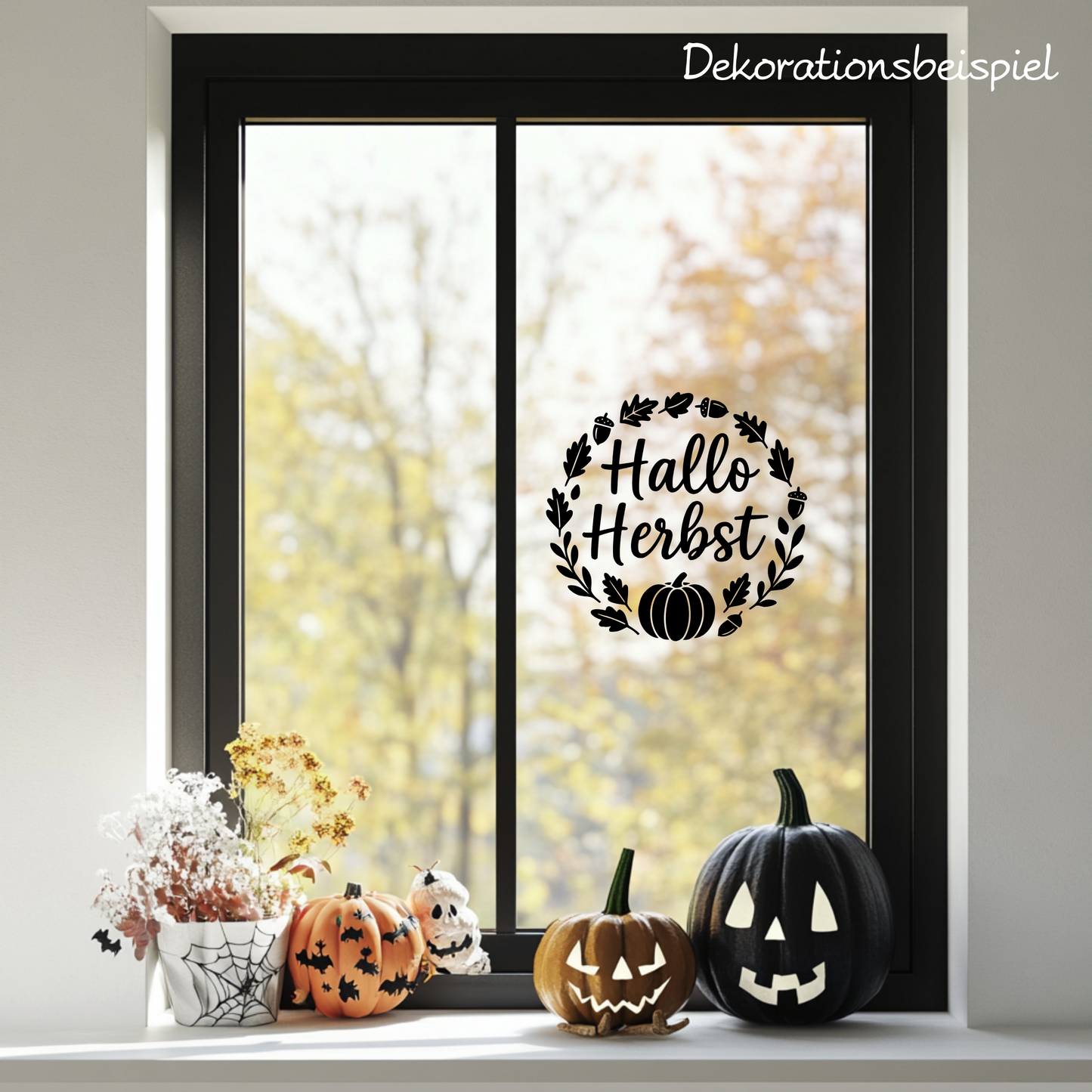 Fensterbild Herbstkranz Aufkleber Hallo Herbst mit Kürbis und Eicheln
