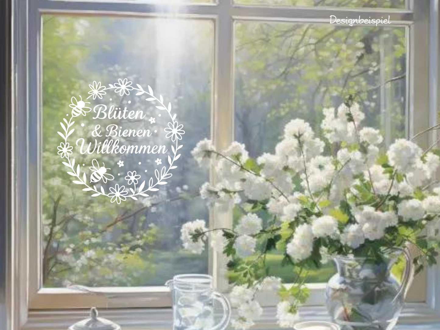 Fensterbild „Bienen & Blumen Willkommen“ – Vinyl Aufkleber für Fenster, Glas & Spiegel | Handgemachte Fensterdeko in 2 Größen & Farben | Frühlings- & Sommerdeko
