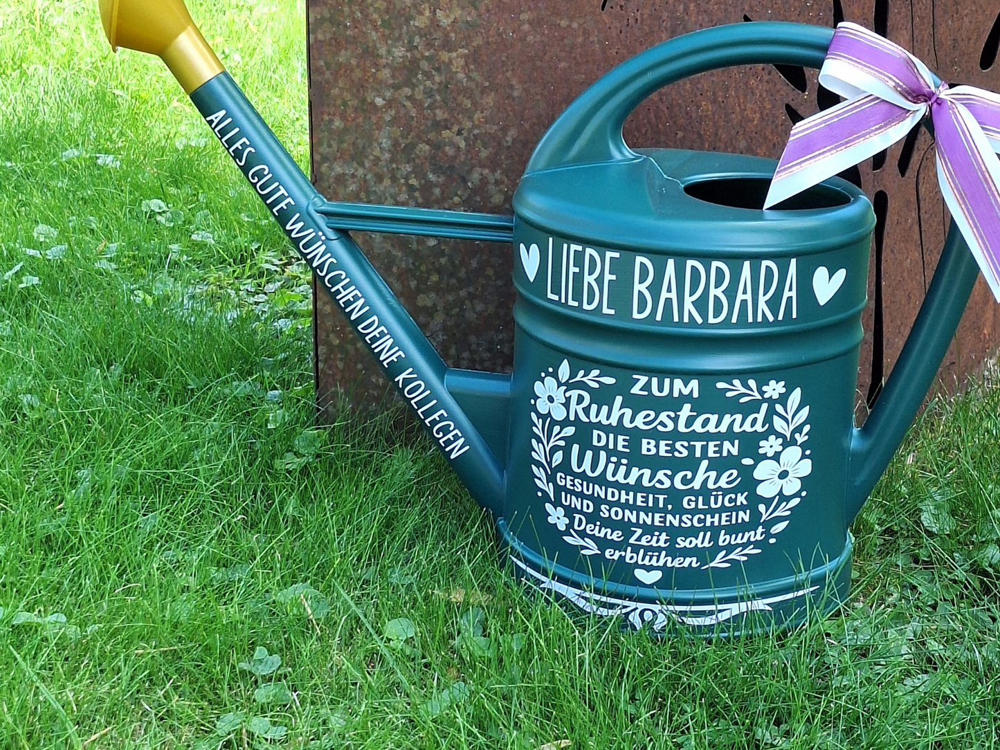 Rente Geschenk zum Ruhestand Garten Gießkanne personalisiert mit Namen und Spruch Landhausstil Grün 10 Liter
