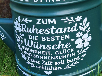 Rente Geschenk zum Ruhestand Garten Gießkanne personalisiert mit Namen und Spruch Landhausstil Grün 10 Liter