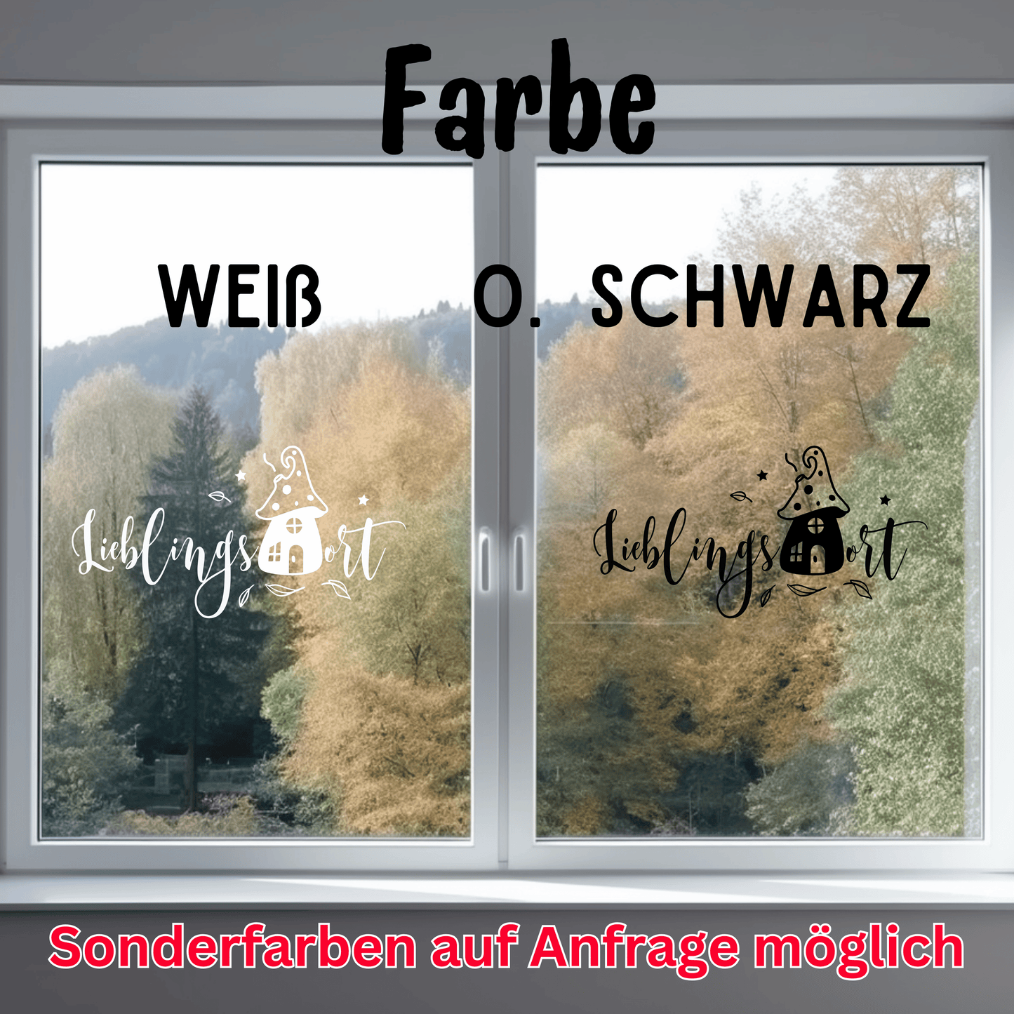 Fensterbild Herbst Lieblingsort Pilz Schriftzug Sticker Aufkleber herbstliche Fensterdekoration 2 Farben 3 Größen