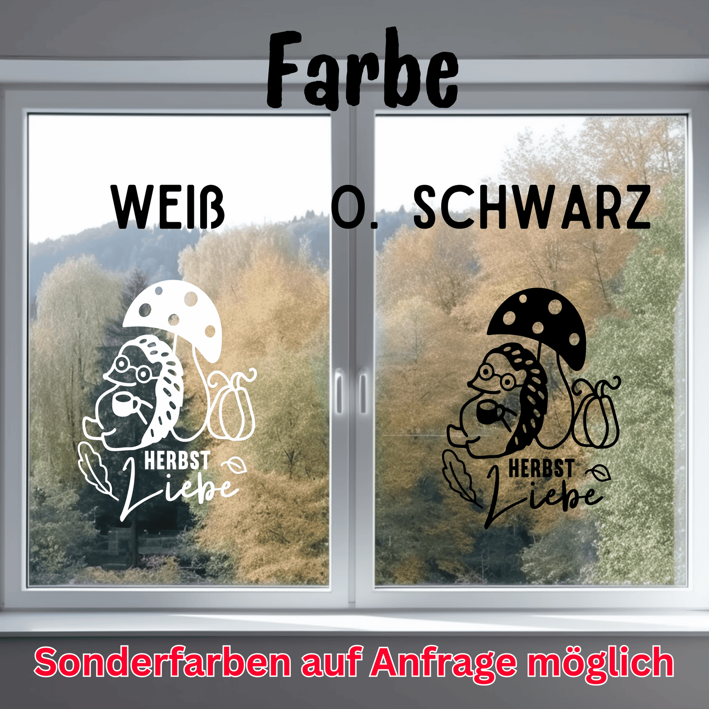 Fensterbild Herbst Igel Pilz Kürbis Herbstliebe Sticker Aufkleber herbstliche Fensterdekoration 2 Farben 3 Größen