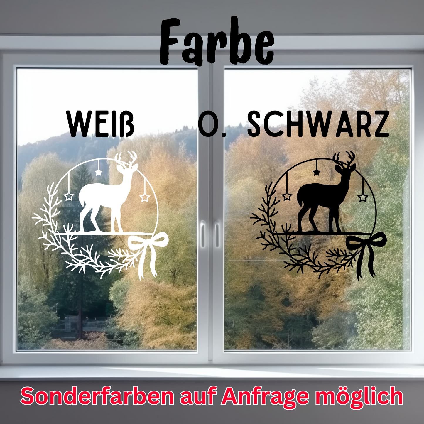 Weihnachtsfensterbild - Rentier - Vinylsticker - Aufkleber - Fensterbild - Sticker für glatte Flächen 2 Farben 3 Größen