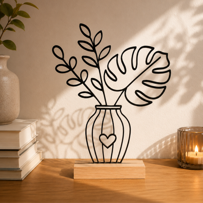 Line Art Blumen Aufsteller Monstera | Moderne Dekoration mit 3D Druck erstellt  | Minimalistische Deko mit Holzsockel
