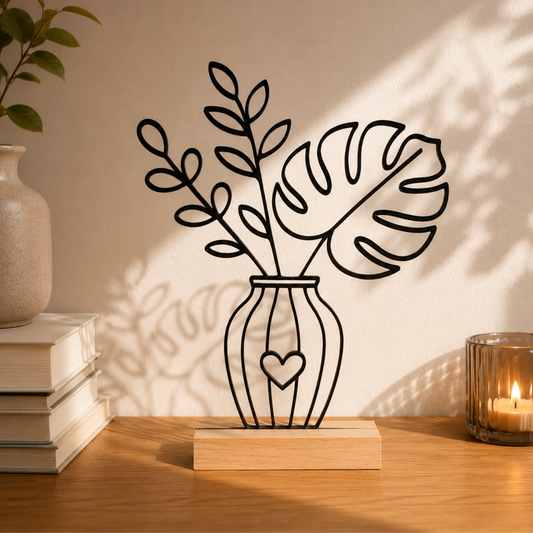 Line Art Blumen Aufsteller Monstera | Moderne Dekoration mit 3D Druck erstellt  | Minimalistische Deko mit Holzsockel