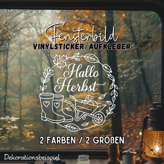 Fensterbild Hallo Herbst Gummistiefel Karre , Herbstlicher Aufkleber