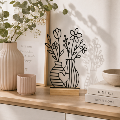 Line Art Blumen Aufsteller | Moderne Dekoration mit 3D Druck erstellt  | Minimalistische Deko mit Holzsockel
