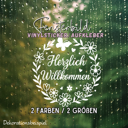 Fensterbild Herzlich Willkommen Blumen Begrüßung Aufkleber