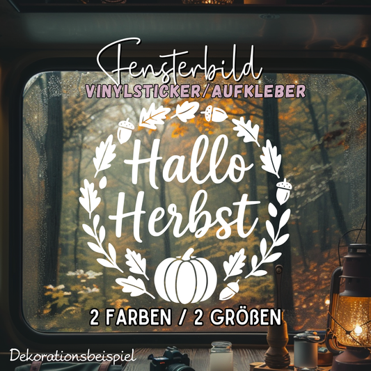 Fensterbild Herbstkranz Aufkleber Hallo Herbst mit Kürbis und Eicheln