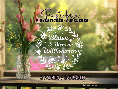 Fensterbild „Bienen & Blumen Willkommen“ – Vinyl Aufkleber für Fenster, Glas & Spiegel | Handgemachte Fensterdeko in 2 Größen & Farben | Frühlings- & Sommerdeko