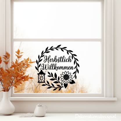 Fensterbild Kranz herbstlich Willkommen , Herbstlicher Aufkleber Sonnenblume