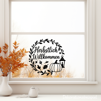 Fensterbild Kranz herbstlich Willkommen , Herbstlicher Aufkleber exkl.