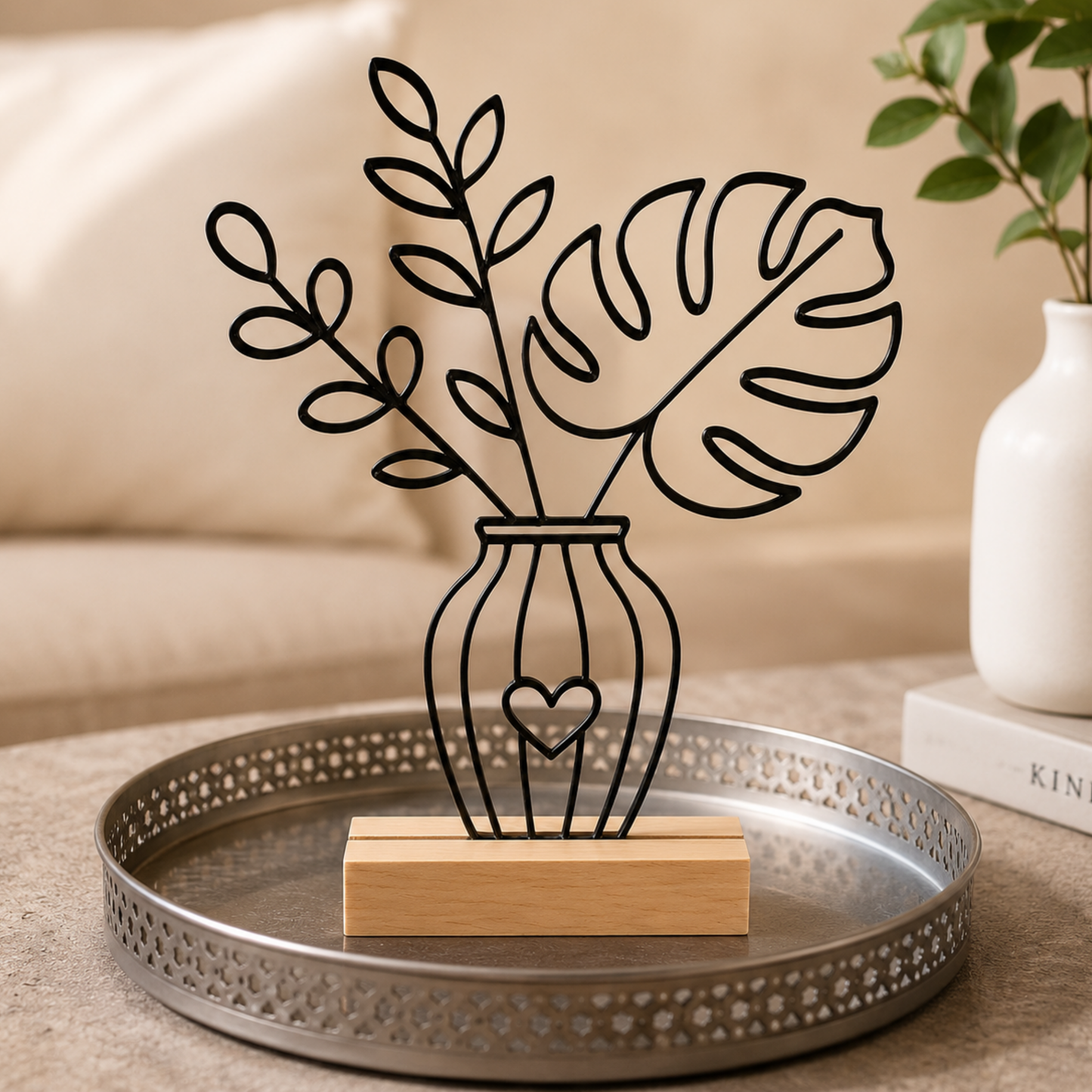 Line Art Blumen Aufsteller Monstera | Moderne Dekoration mit 3D Druck erstellt  | Minimalistische Deko mit Holzsockel