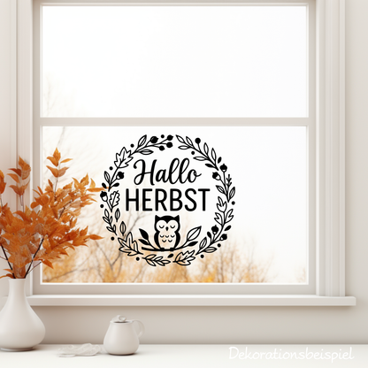 Fensterbild Herbstkranz herbstlicher Aufkleber Vinylaufkleber Hallo Herbst Eule 2