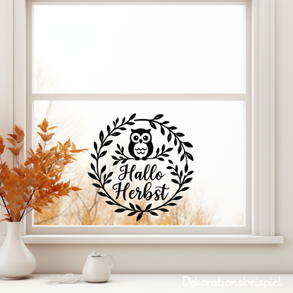 Fensterbild Herbstkranz herbstlicher Aufkleber Vinylaufkleber Hallo Herbst Eule