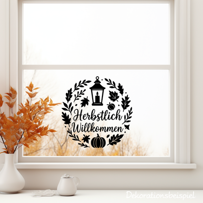 Fensterbild Kranz herbstlich Willkommen , Herbstlicher Aufkleber