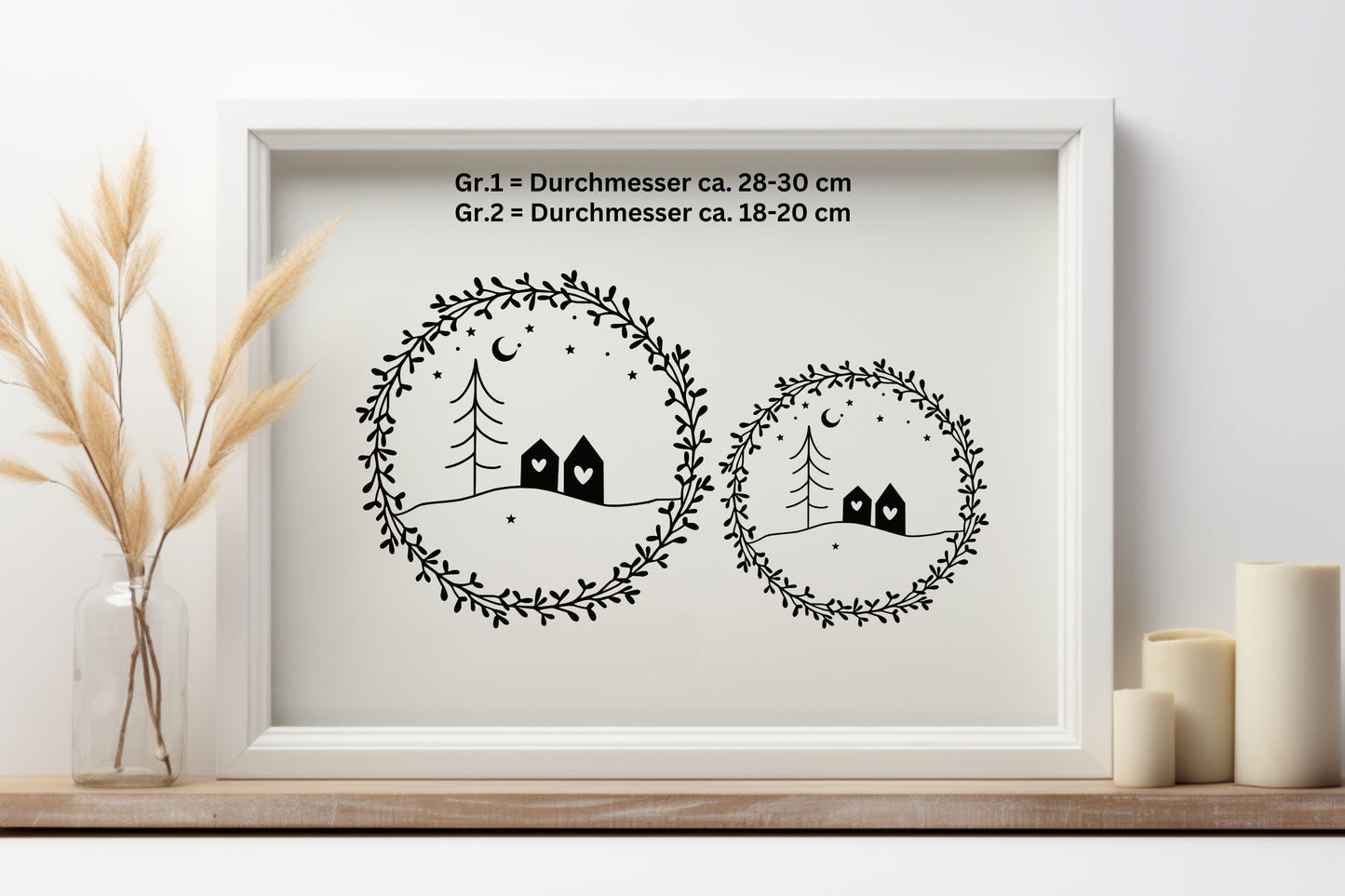 Fensterbild Weihnachten Kranz mit Haus in minimalistischem,  skandinavischen Stil