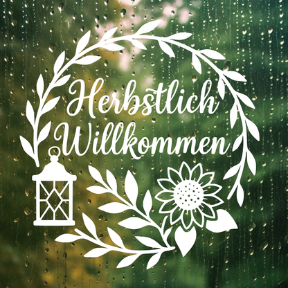Fensterbild Kranz herbstlich Willkommen , Herbstlicher Aufkleber Sonnenblume