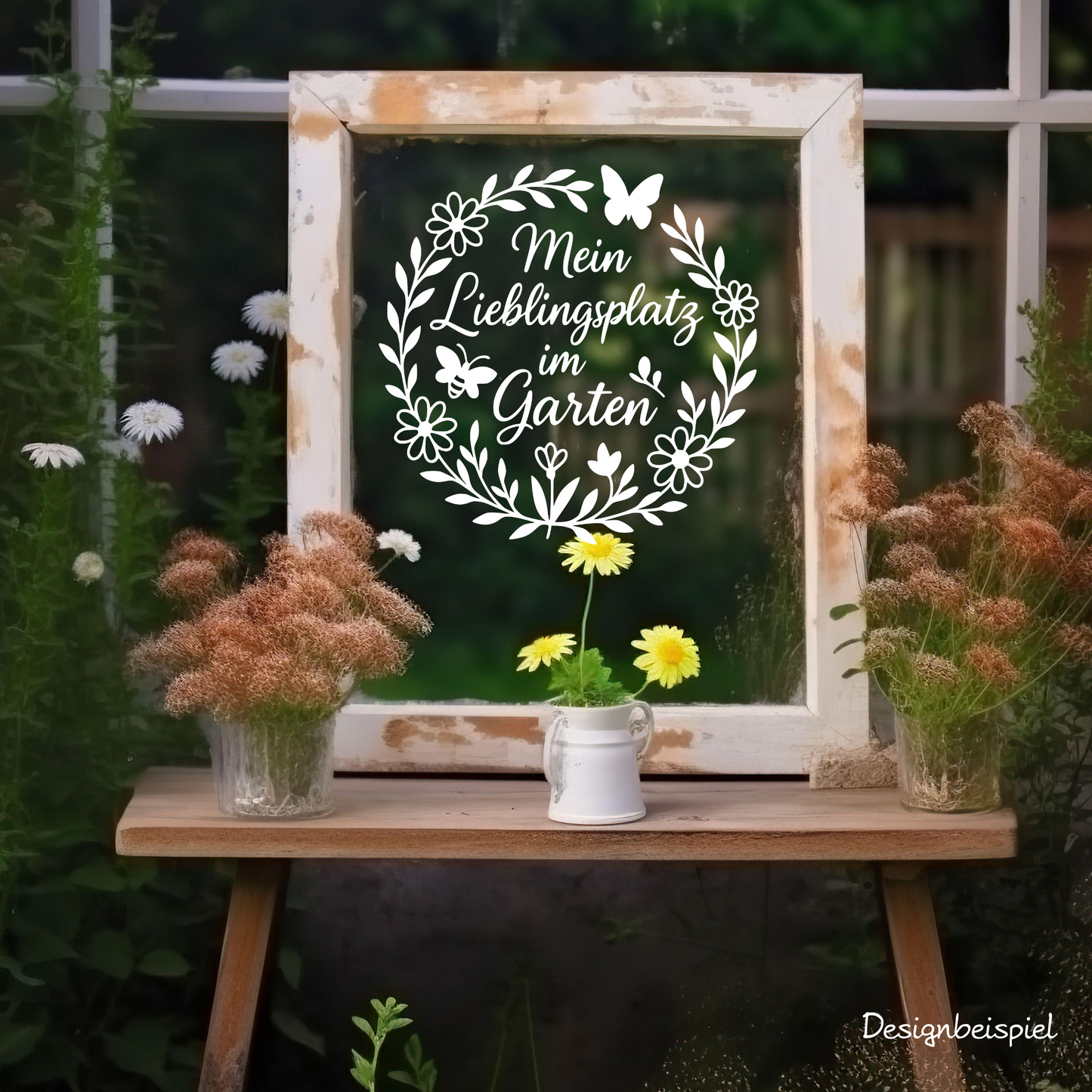 Fensterbild Mein Lieblingsplatz im Garten“ – Vinyl Aufkleber Blumenkranz