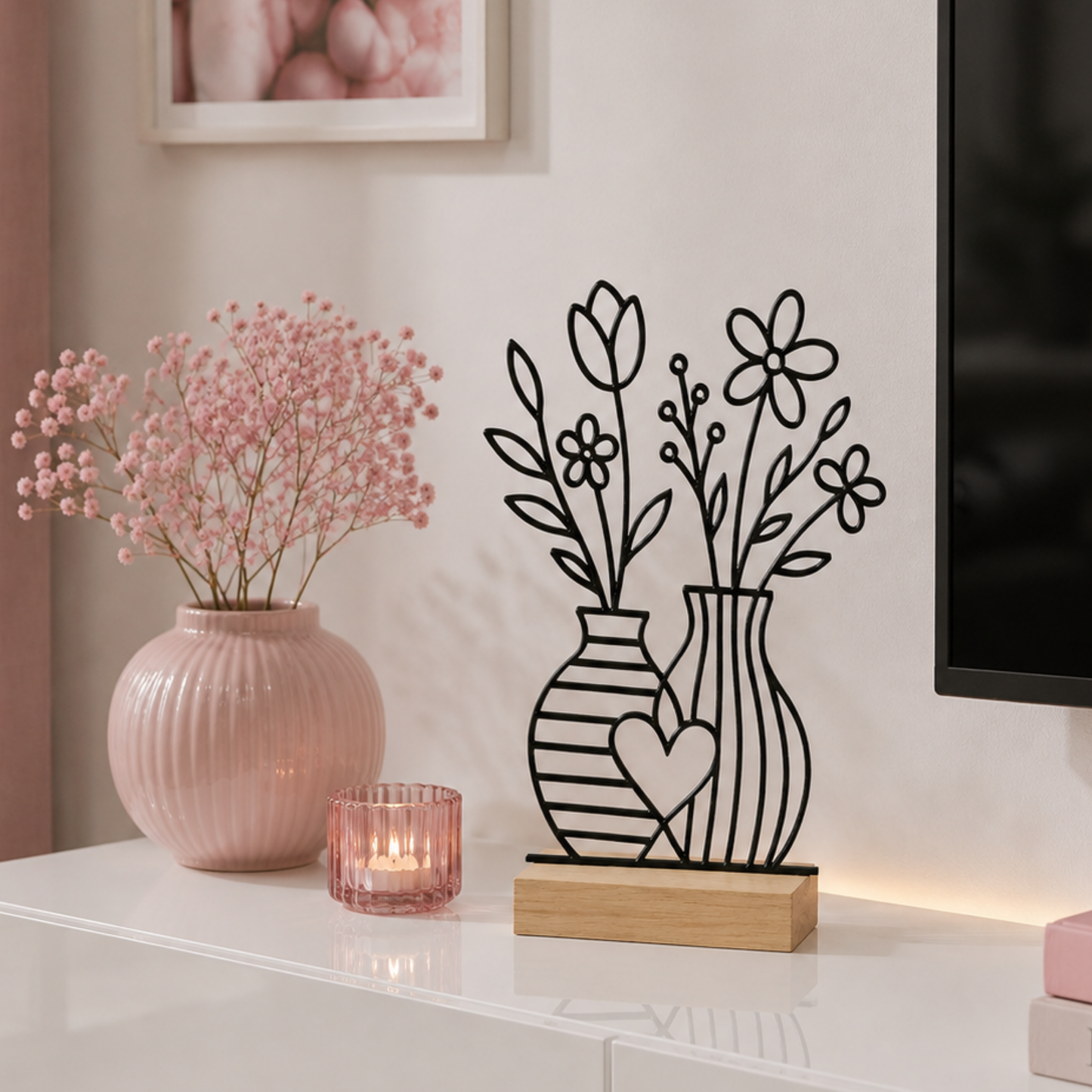 Line Art Blumen Aufsteller | Moderne Dekoration mit 3D Druck erstellt  | Minimalistische Deko mit Holzsockel