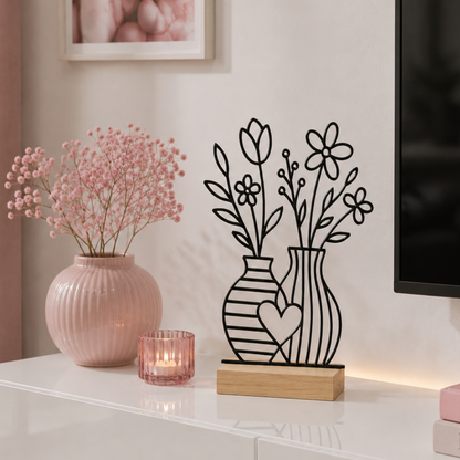 Line Art Blumen Aufsteller | Moderne Dekoration mit 3D Druck erstellt  | Minimalistische Deko mit Holzsockel