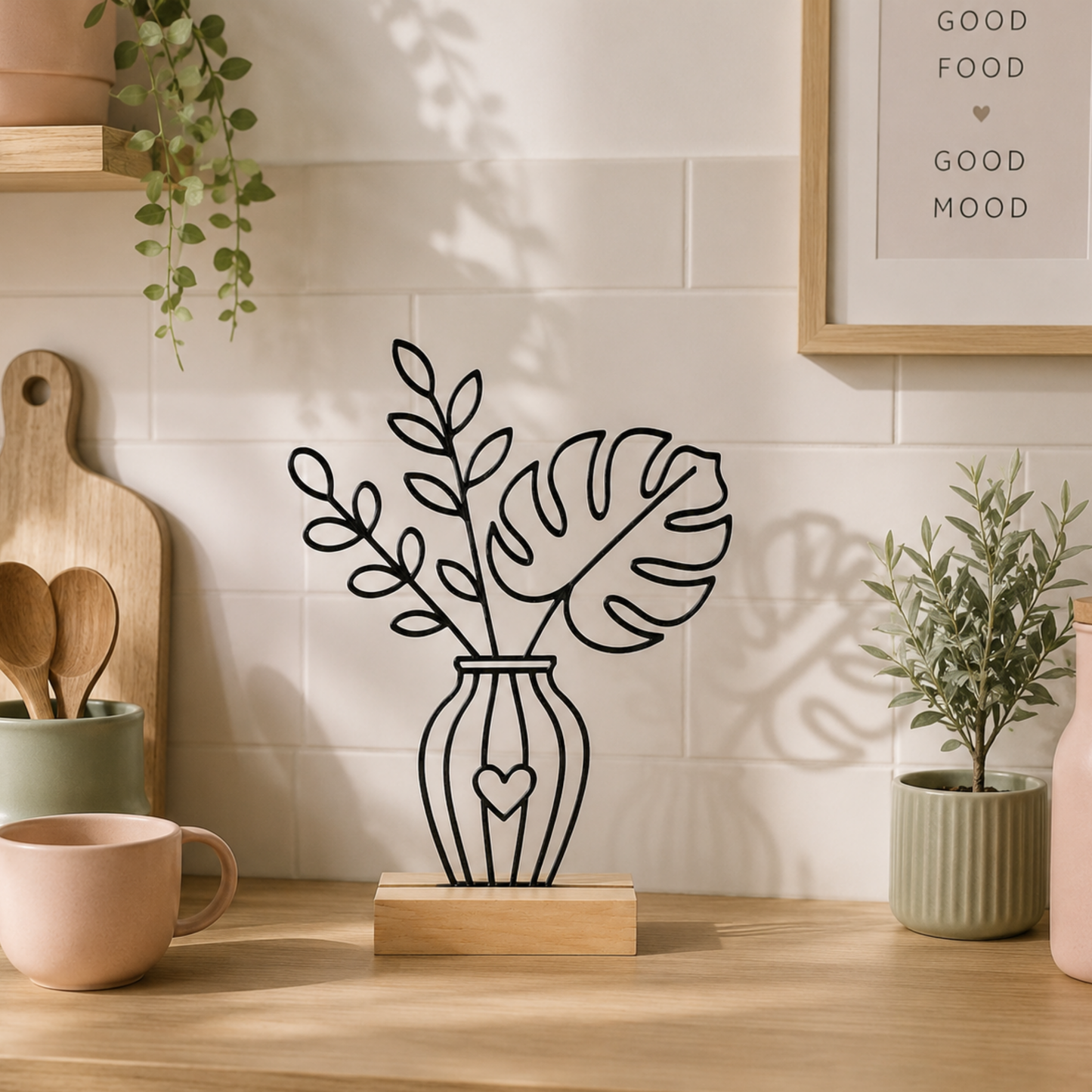 Line Art Blumen Aufsteller Monstera | Moderne Dekoration mit 3D Druck erstellt  | Minimalistische Deko mit Holzsockel