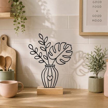 Line Art Blumen Aufsteller Monstera | Moderne Dekoration mit 3D Druck erstellt  | Minimalistische Deko mit Holzsockel