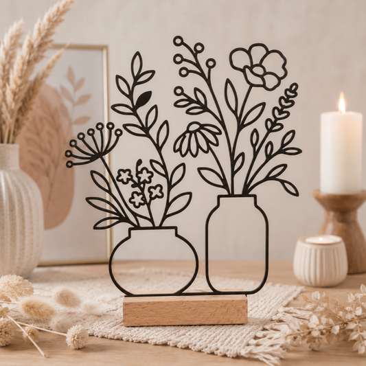 Line Art Blumen Aufsteller  | Moderne florale Dekoration mit 3D Druck erstellt  | Minimalistische Deko mit Holzsockel