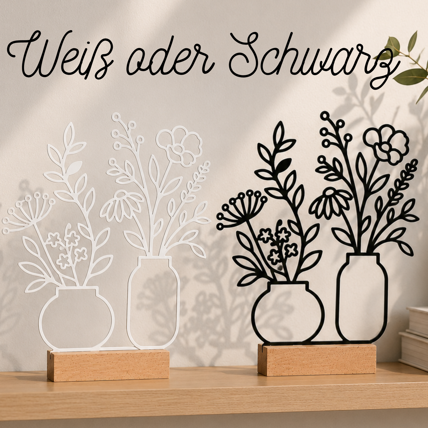 Line Art Blumen Aufsteller  | Moderne florale Dekoration mit 3D Druck erstellt  | Minimalistische Deko mit Holzsockel