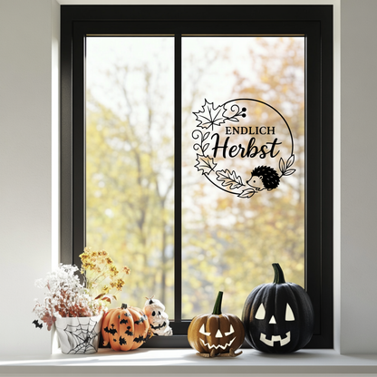 Fensterbild Endlich Herbst mit Igel  , Herbstzeit Deko, Herbstlicher Aufkleber, Fensterdekoration, Herbstdekoration