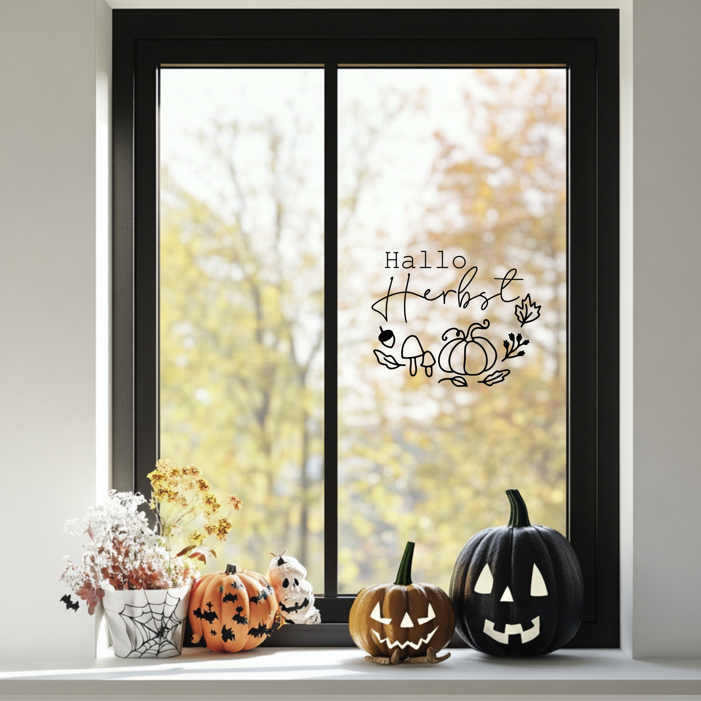 Fensterbild Hallo Herbst mit Spruch Sticker Aufkleber herbstliche Fensterdekoration 2 Farben 3 Größen