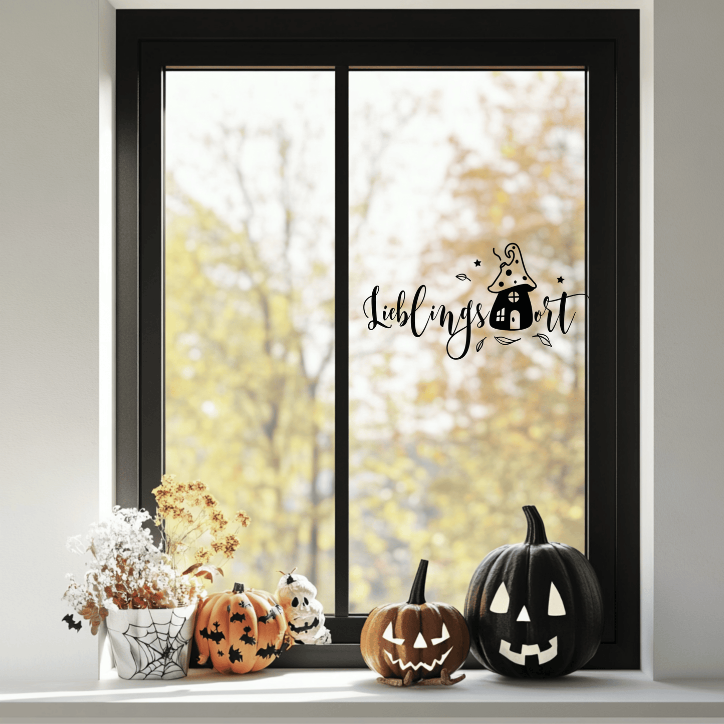 Fensterbild Herbst Lieblingsort Pilz Schriftzug Sticker Aufkleber herbstliche Fensterdekoration 2 Farben 3 Größen